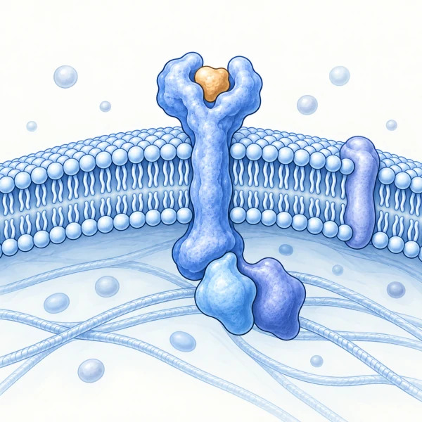A generic receptor crossing a phospholipid bilayer, with a ligand above and supporting proteins below.
