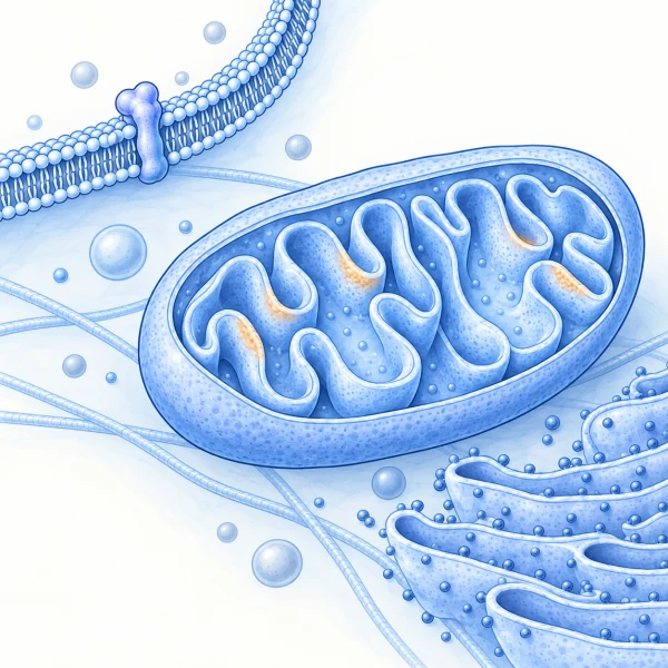 Schematic cutaway mitochondrion with inner-membrane folds, alongside rough endoplasmic reticulum and an intact cell-surface receptor.