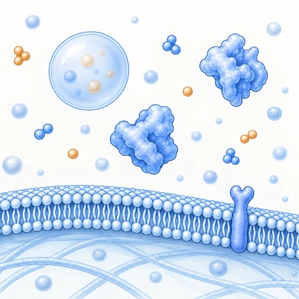 Schematic extracellular molecules, soluble proteins and cargo inside a vesicle, above an intact receiving-cell membrane.