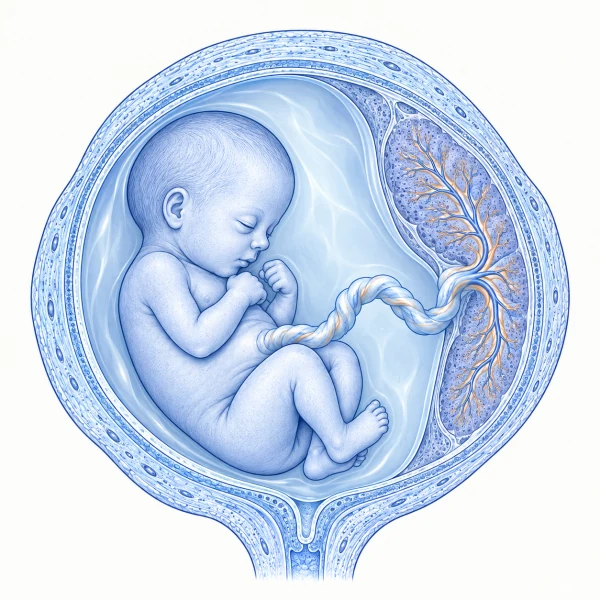 A fetus in an amniotic cavity with an umbilical cord joining its abdomen to the placenta.