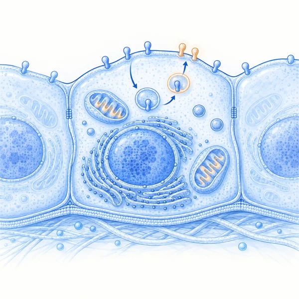 Cutaway tissue cells show a nucleus, mitochondria, endoplasmic reticulum and membrane receptors moving through a schematic intracellular recycling route.