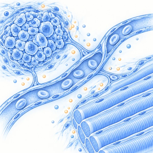 A tumour-cell cluster and organized skeletal muscle fibres lie beside a branching blood vessel, with capillaries separate from the muscle fibres.