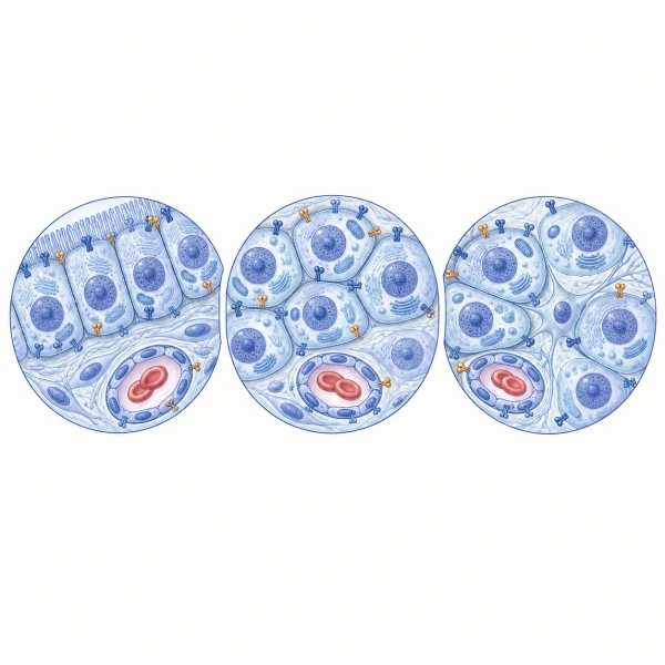 Three unranked tissue vignettes showing different mixtures of receiving cells and generic membrane-protein symbols.