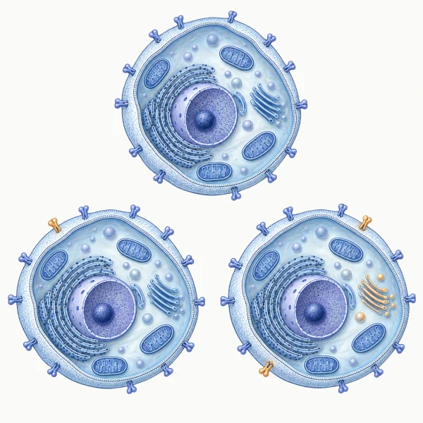 Three successive cutaway cell views with arrows through response to a next starting state and a dashed return for the later challenge.