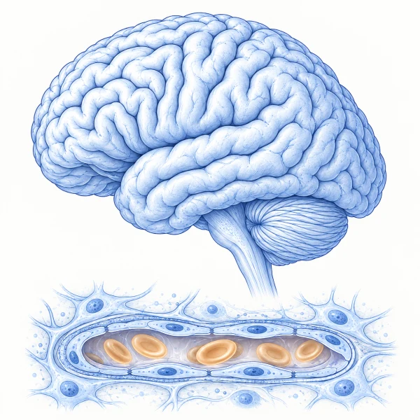 A lateral brain illustration above a separate schematic blood-vessel and tissue interface.