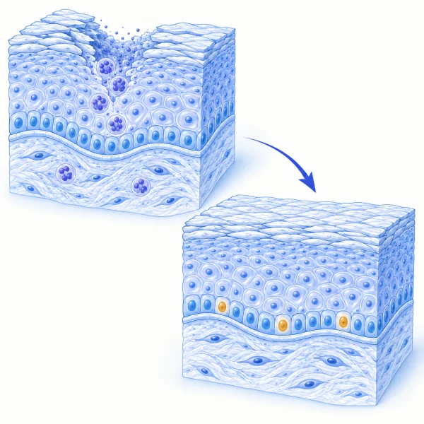 Two skin cutaways. The first shows an inflamed surface with immune cells. An arrow leads to the second, where the surface has healed and three stem cells in the basal layer are marked in amber.