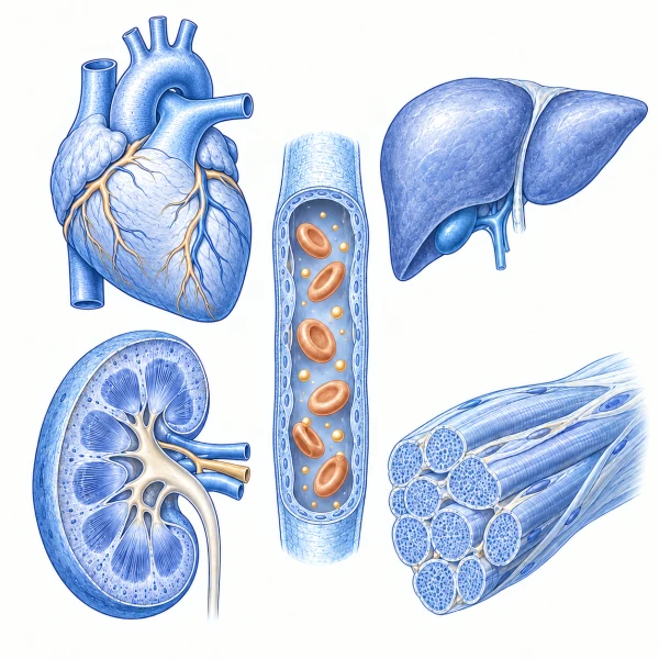 Separate heart, liver, kidney and skeletal-muscle illustrations around a shared blood-vessel vignette.